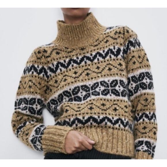 Zara Fair Isle Mustard Yellow Turtleneck Sparkle Holiday Sweater Small Wool - Picture 1 of 8